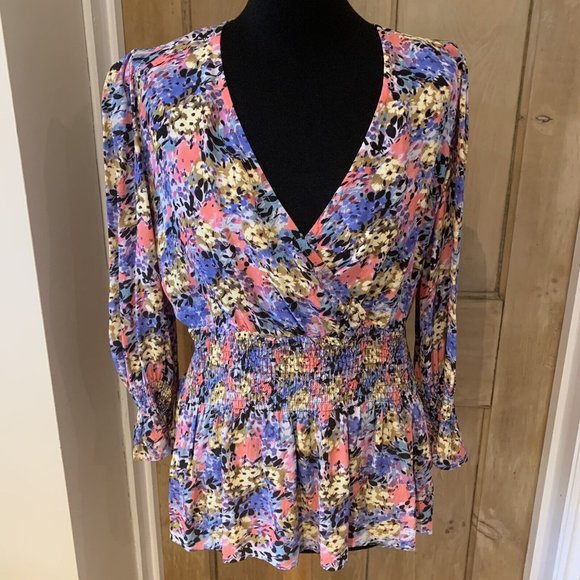 Marks and Spencer Tops - 023 - M&S X GHOST Floral Fixed Wrap Top UK 12 V Neck Long Sleeve Shirred NEW